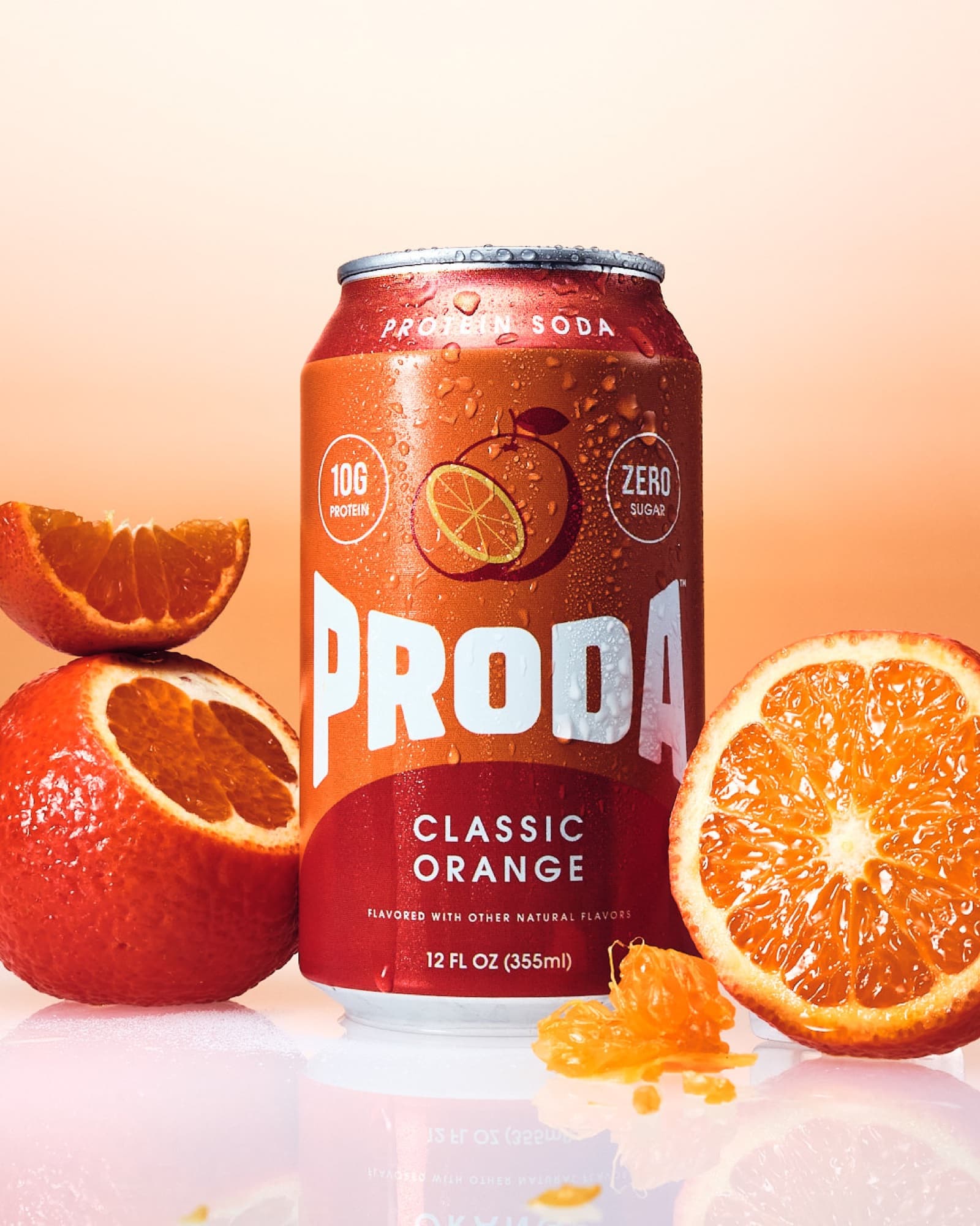 A can of PRODA Classic Orange protein soda