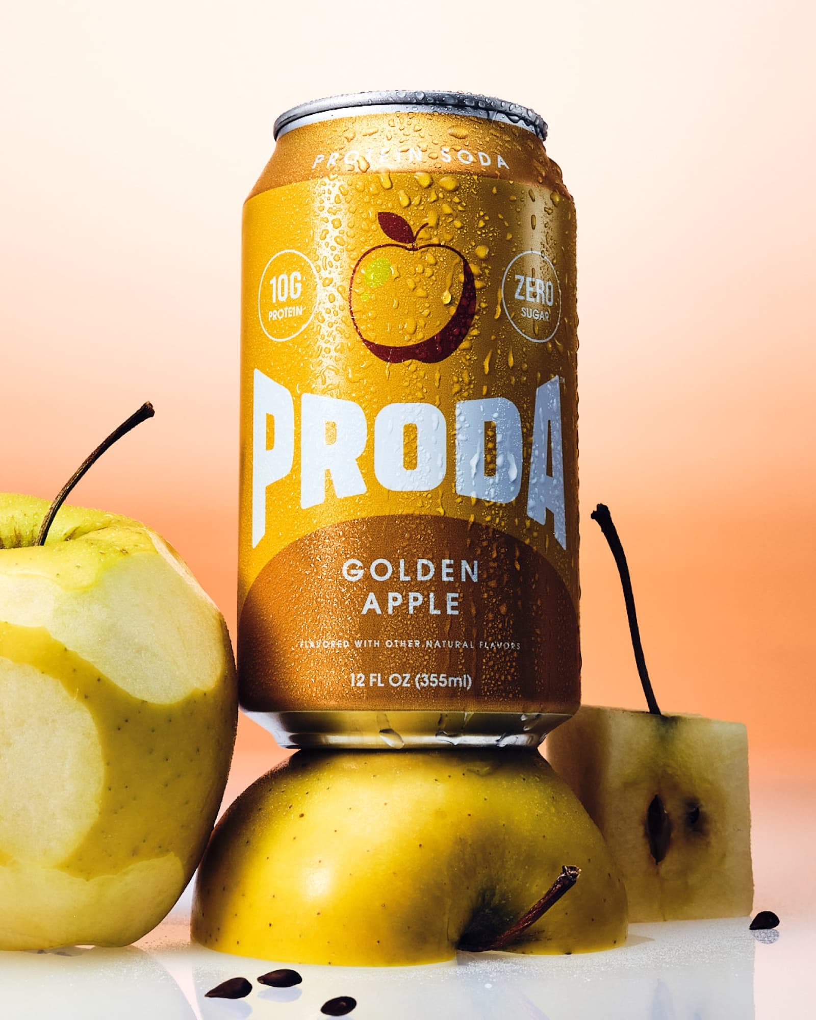 A can of PRODA Golden Apple protein soda