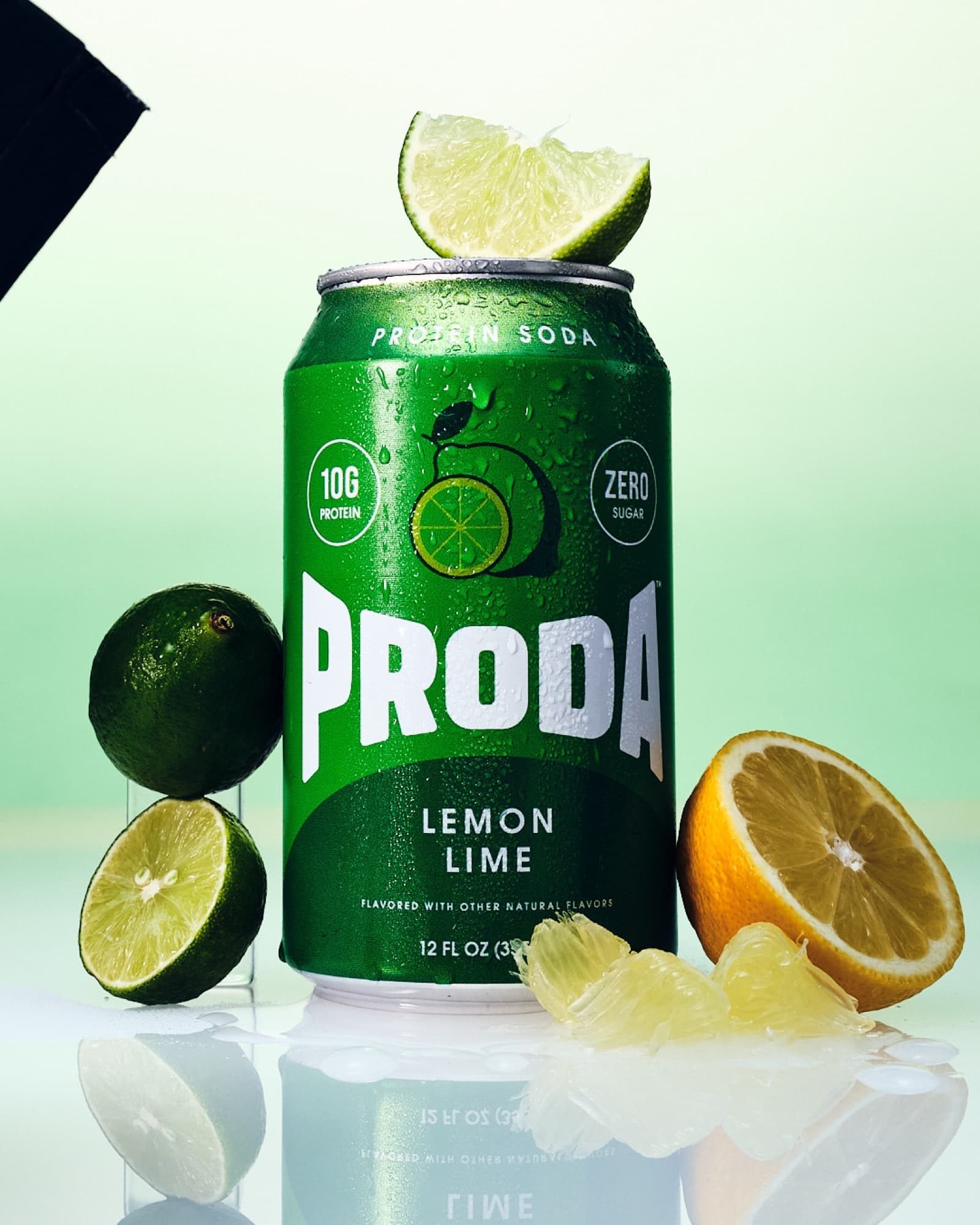 A can of PRODA Lemon Lime protein soda