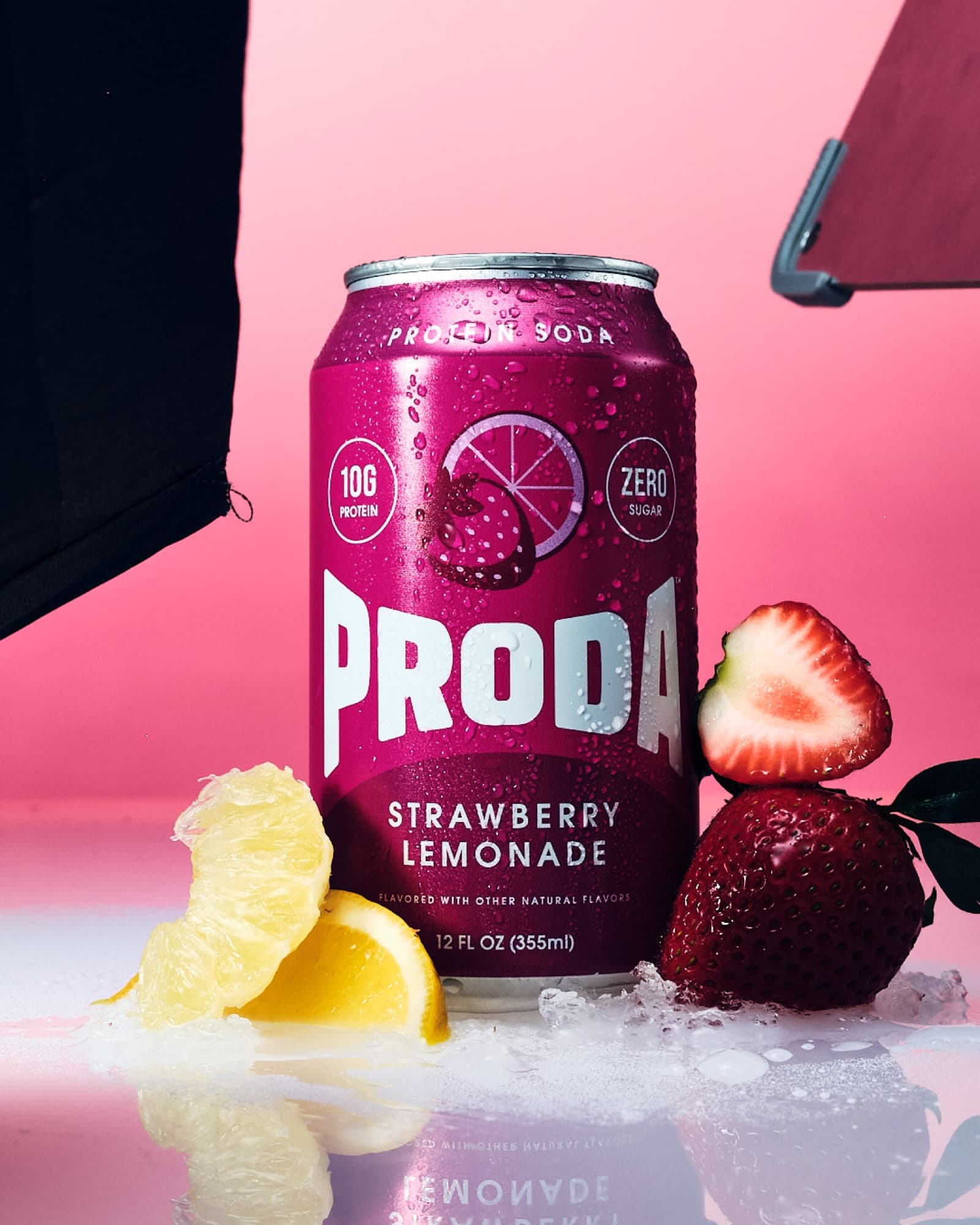 A can of PRODA Strawberry Lemonade protein soda